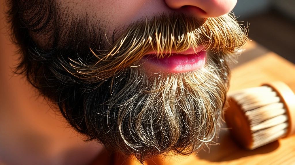 Close-up of a man's well-groomed beard glistening with fresh beard oil application, showing healthy shine and texture against natural sunlight, with a grooming brush nearby on a wooden surface