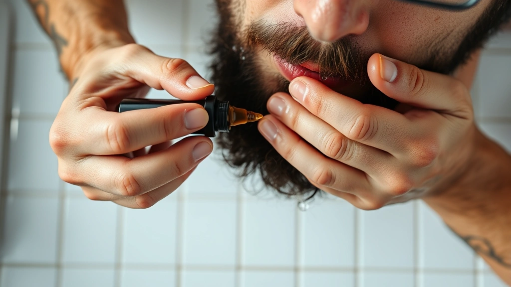 Overhead view of a man's hands rubbing beard oil into his facial hair after a shower, with water droplets visible on the beard, demonstrating the damp application technique on a white tile bathroom counter