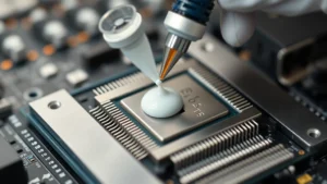 Close-up of technician carefully applying small amount of thermal paste to CPU processor core using precision syringe, showing proper pea-sized dot placement technique on clean metallic surface