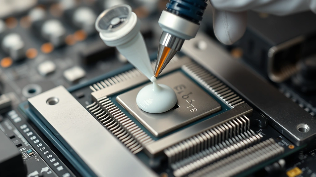 Close-up of technician carefully applying small amount of thermal paste to CPU processor core using precision syringe, showing proper pea-sized dot placement technique on clean metallic surface