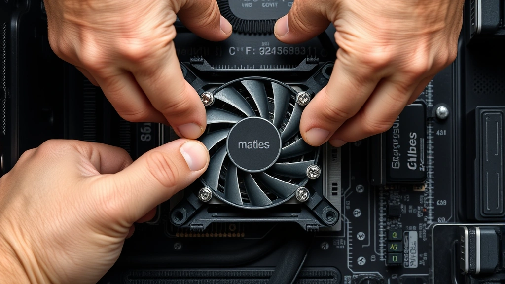 Overhead view of computer technician mounting CPU cooler onto processor with even pressure, demonstrating cross-pattern tightening of four corner screws for uniform thermal compound compression