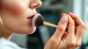 Close-up of makeup artist's hands applying cream blush to model's cheekbones with fluffy brush, natural lighting, dewy skin visible, professional makeup studio setting