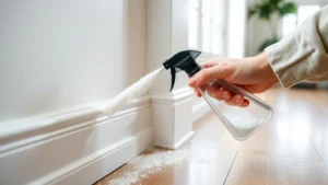 Close-up view of diatomaceous earth powder being carefully applied to baseboards using a handheld duster bottle in a bright residential interior, showing fine white powder coating the wall trim precisely.