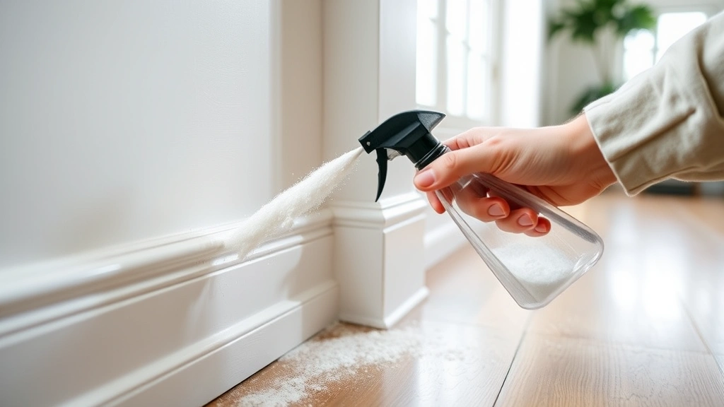 Close-up view of diatomaceous earth powder being carefully applied to baseboards using a handheld duster bottle in a bright residential interior, showing fine white powder coating the wall trim precisely.