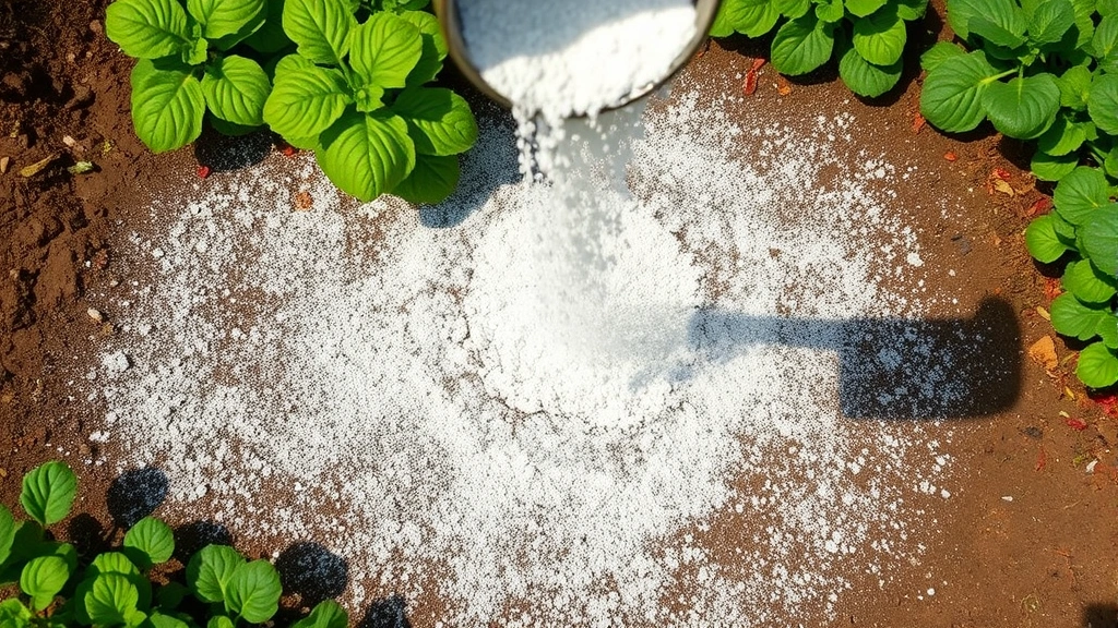 Overhead view of diatomaceous earth being broadcast applied to a large garden bed with vegetables, showing even powder distribution across soil surface in natural daylight.