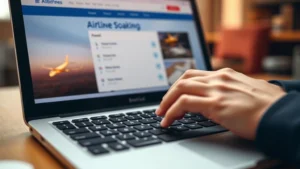 Close-up of hands typing on a laptop keyboard showing an airline booking website with flight search results, warm office lighting, shallow depth of field focusing on fingers on keys