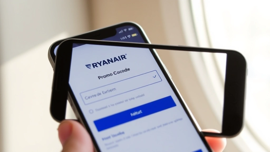 Split-screen showing a smartphone displaying a Ryanair mobile app booking screen with a promo code entry field highlighted, natural daylight through a window in background