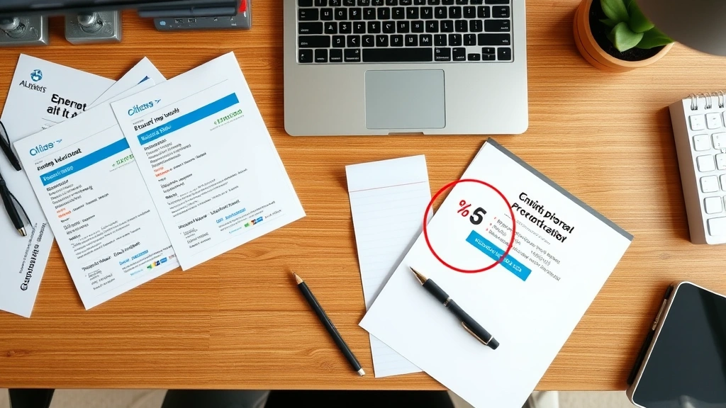 Overhead view of a desk workspace with printed flight itineraries, a pen circling discount percentages, and a laptop displaying an email with promotional code, organized office setting