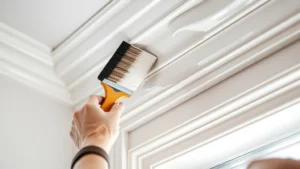 Professional painter applying glossy semi-gloss paint to white crown molding with angled sash brush, bright interior lighting, detailed brushwork visible