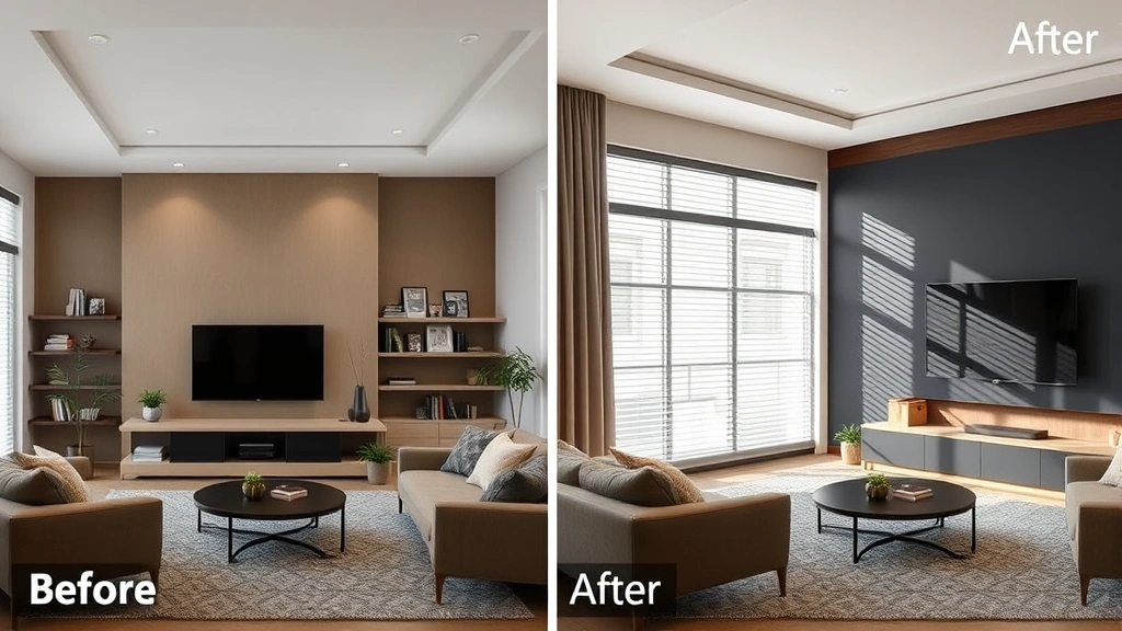 Before and after comparison of room with accent wall highlighted in contrasting matte color, showing visual depth and architectural emphasis in modern living space