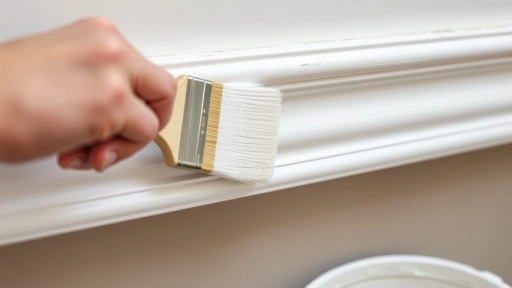 Close-up of painter's hand using proper cutting-in technique along trim edge with quality angled brush, paint bucket visible, professional application demonstrated