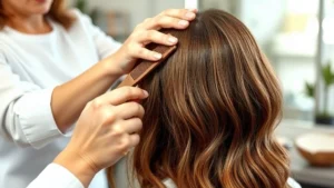 Professional stylist applying warm coconut oil to woman's shoulder-length brown hair in sections using wide-tooth comb, bright natural salon lighting, hands visible massaging scalp