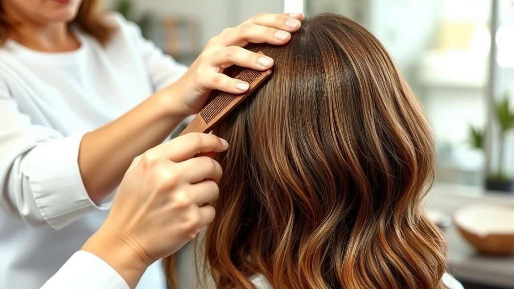 Professional stylist applying warm coconut oil to woman's shoulder-length brown hair in sections using wide-tooth comb, bright natural salon lighting, hands visible massaging scalp