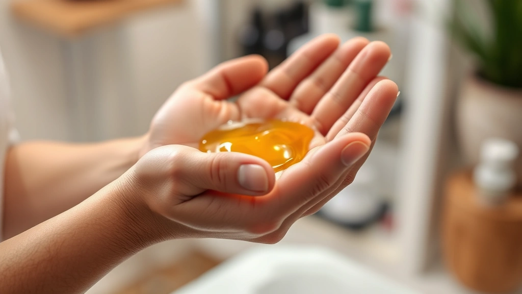 Close-up of hands warming argan oil between palms before application, golden oil droplets visible, professional salon background blurred