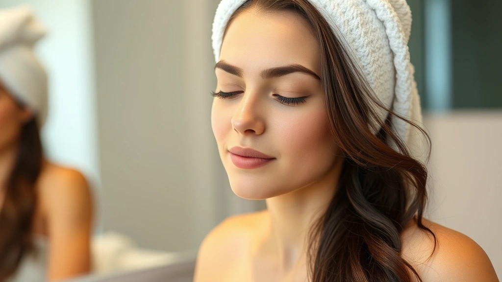 Woman with long dark hair wrapped in white microfiber towel after overnight oil treatment, relaxed expression, bathroom mirror reflection visible