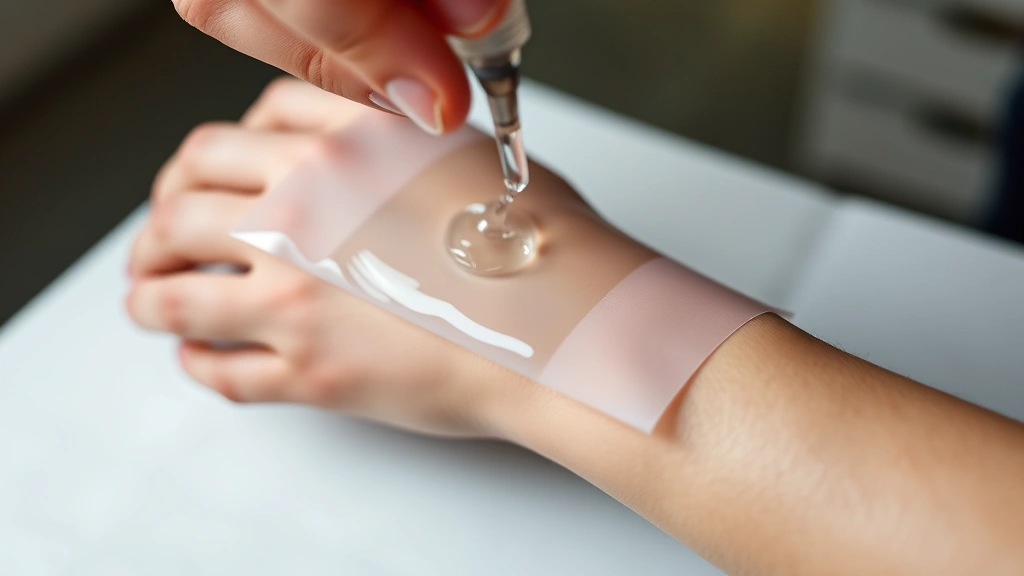 Close-up of hands gently applying water to back of temporary tattoo transfer sheet on clean forearm skin, showing proper technique and water saturation