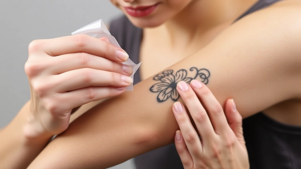 Person carefully peeling away protective backing from adhesive temporary tattoo while pressing design onto inner arm with other hand, demonstrating correct pressure application