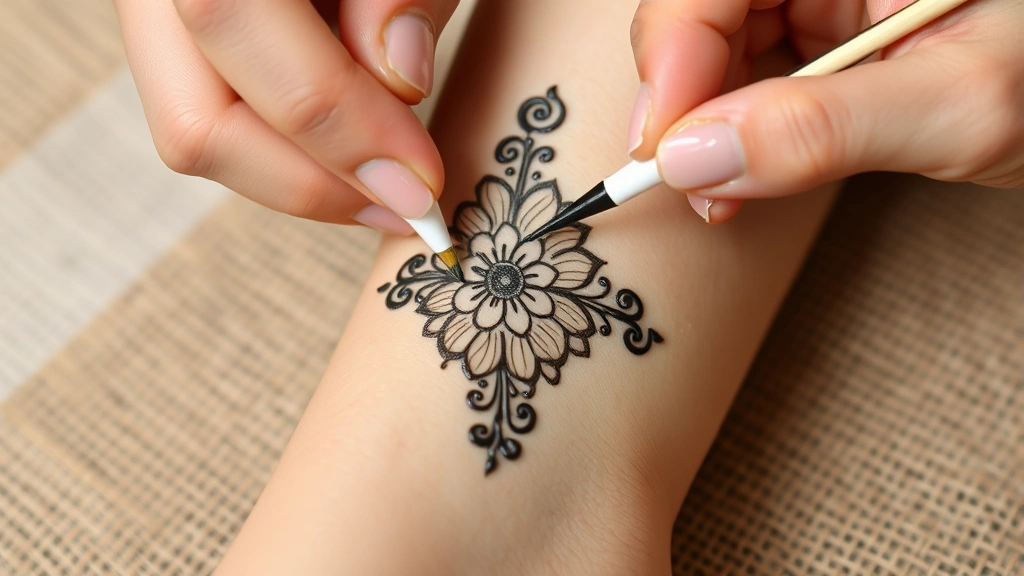 Detailed view of henna paste application using applicator cone on clean leg skin, showing precise line work and steady hand positioning for intricate design