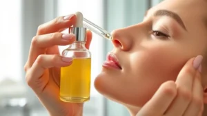 Close-up of hands holding a clear glass dropper bottle filled with pale yellow vitamin C serum, dispensing a single drop onto clean, glowing skin. Minimalist bathroom setting with soft natural light. Professional skincare product photography.