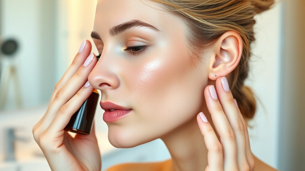 Woman's face shown in profile applying golden vitamin C serum with gentle tapping motions using fingertips on cheek and forehead area. Clear, healthy skin complexion. Bright, clean bathroom vanity background. Demonstrating proper application technique.