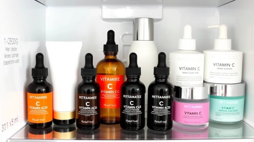 Organized skincare shelf displaying various vitamin C serum bottles in dark glass containers, alongside sunscreen, hyaluronic acid, and moisturizers. Refrigerator setting visible. Showing proper storage and product layering organization for vitamin C routine.