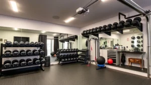 Modern home gym interior with adjustable dumbbells on wall-mounted rack, rubber flooring, mirrors, bright LED lighting, and organized equipment storage in a residential garage space