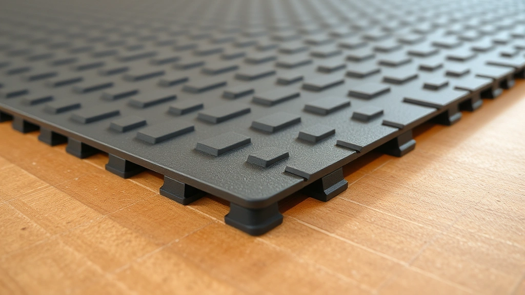 Close-up of interlocking rubber gym flooring tiles installation showing proper layering with underlayment and finished surface, professional construction detail
