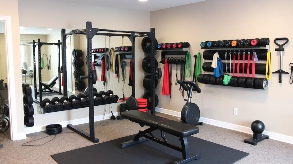 Complete home gym setup featuring power rack, adjustable weight bench, dumbbells, resistance bands, cardio equipment, mirrors, and organized wall storage in finished basement space