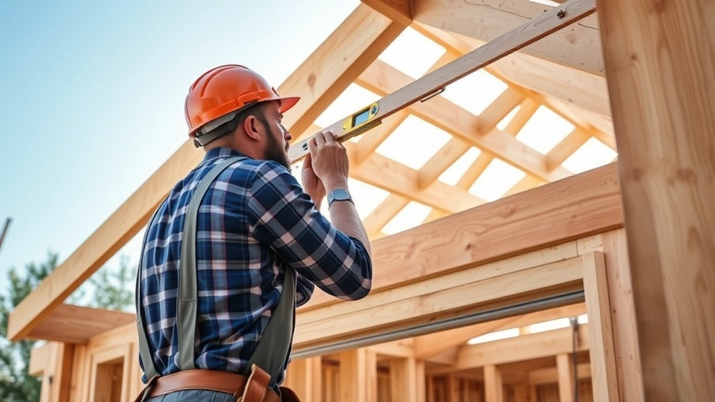 Professional carpenter installing wooden roof rafters on shed frame, using level to ensure proper alignment, natural daylight, construction site setting