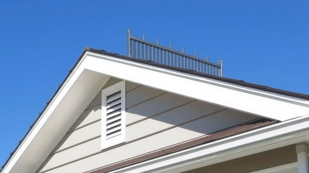 Completed shed roof with metal ridge vent and soffit ventilation visible, showing ventilation system components, clear day with blue sky background