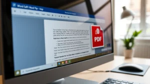 Close-up of computer screen showing Microsoft Word document with PDF icon embedded, clean modern office workspace with natural lighting, desk with keyboard and mouse visible
