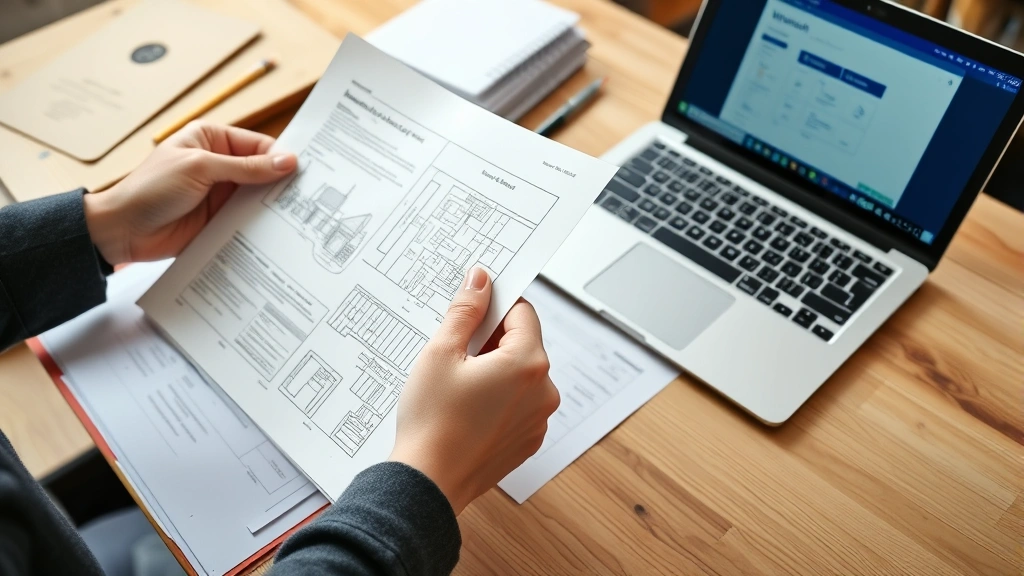 Hands holding printed construction blueprints and documents next to laptop displaying Word document, organized project papers in folder on wooden workbench, professional home office setting