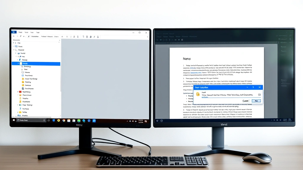 Split-screen view on computer monitor: left side shows PDF file explorer window, right side shows Word document with hyperlink dialog box open, clean minimalist desk environment