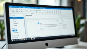 Close-up of Outlook interface showing compose window with attachment pane visible, email being dragged into message, modern desktop computer setup, professional office environment, soft natural lighting