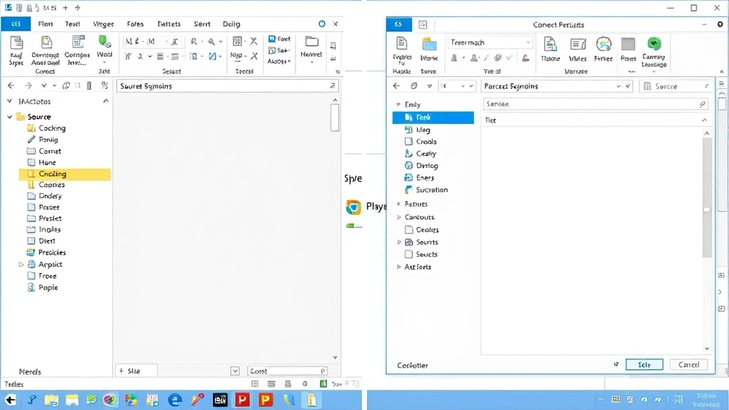 Split-screen Outlook windows displaying source email and destination compose window side by side, demonstrating drag-and-drop functionality, clear file tree visible, organized desk workspace