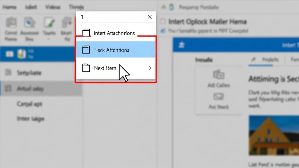 Outlook Insert menu ribbon highlighted, showing attachment options and Outlook Item selection menu, cursor pointing to insert function, professional email management interface, clear typography