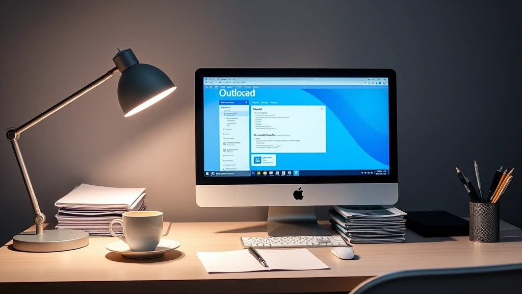 Professional office desk setup with desktop computer displaying Outlook email interface, desk lamp, organized documents in folders, coffee cup, and pen holder