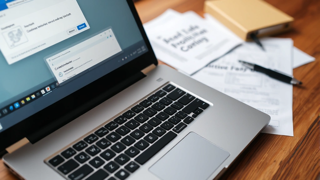 Close-up of laptop keyboard with Outlook window open showing attachment dialog, with scattered documents and file folders on wooden desk surface