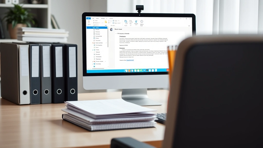 Modern workspace featuring organized file management system with labeled folders, documents ready for attachment, computer monitor showing email composition window