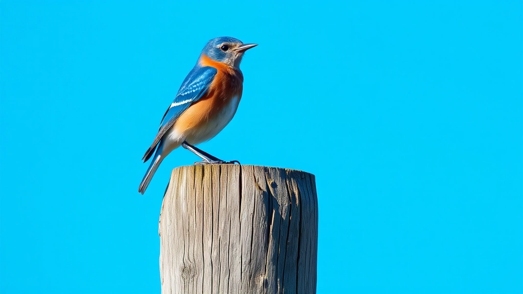 Eastern bluebird male perched on wooden fence post with clear blue sky background, vibrant plumage visible, natural outdoor setting