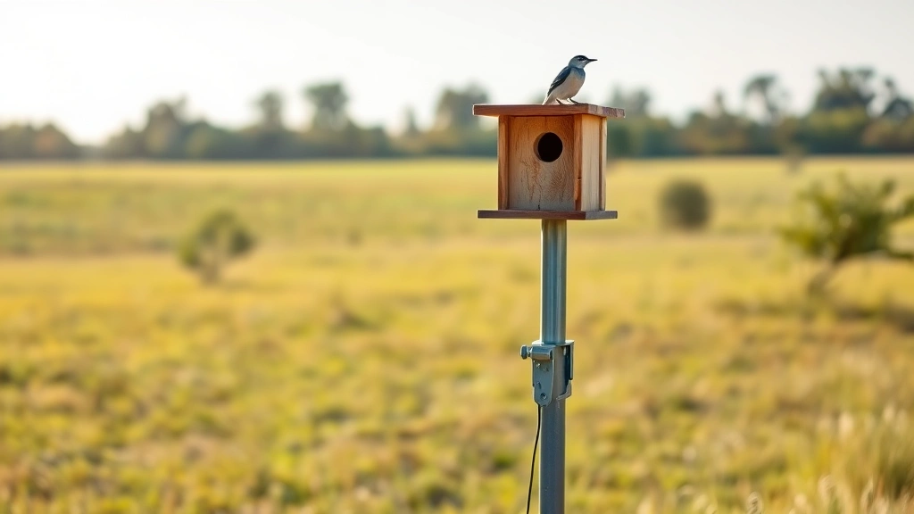 Mounted bluebird nestbox on metal pole in open grassland with scattered trees, morning sunlight, showing proper installation height and placement