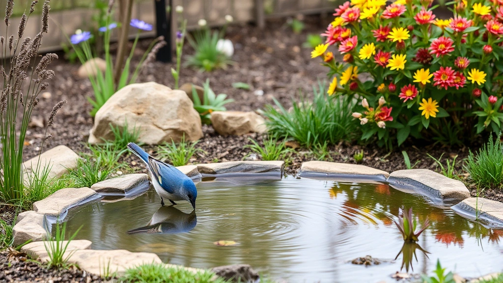 Shallow water basin with bluebird drinking, native wildflowers and serviceberry shrub in background, garden habitat setting