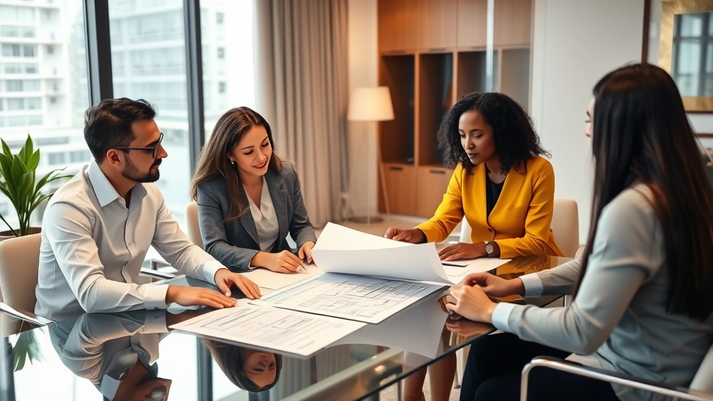 Professional real estate agent meeting with international clients in modern office, reviewing property documents and floor plans on glass table, warm lighting, diverse group