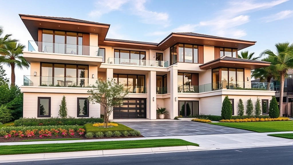 Luxury residential property exterior with modern architecture, manicured landscaping, clear blue sky, contemporary design showcasing high-end real estate appeal to global buyers