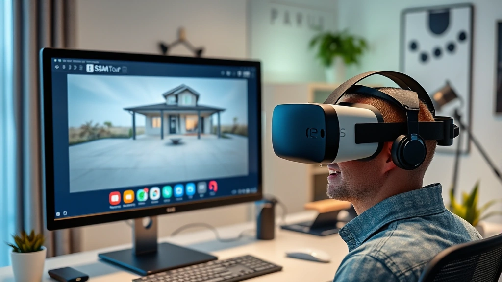 Virtual tour technology setup showing 3D property visualization on computer monitor and VR headset, professional home office environment, digital marketing tools displayed