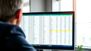 Professional showing Excel spreadsheet on computer monitor with multiple columns containing text and numbers, natural office lighting, focus on screen display with visible column headers and data rows, realistic workplace setting