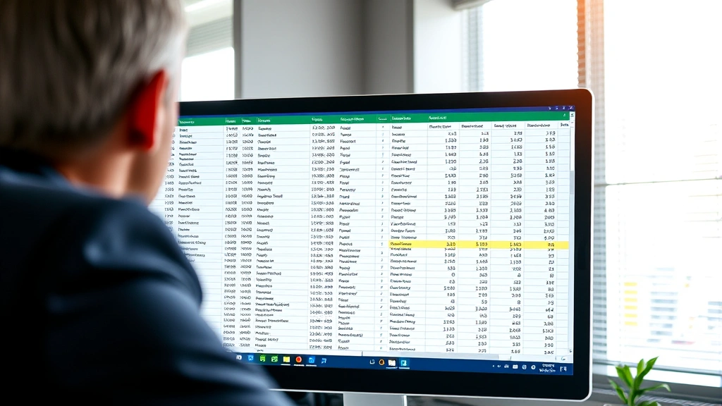 Professional showing Excel spreadsheet on computer monitor with multiple columns containing text and numbers, natural office lighting, focus on screen display with visible column headers and data rows, realistic workplace setting