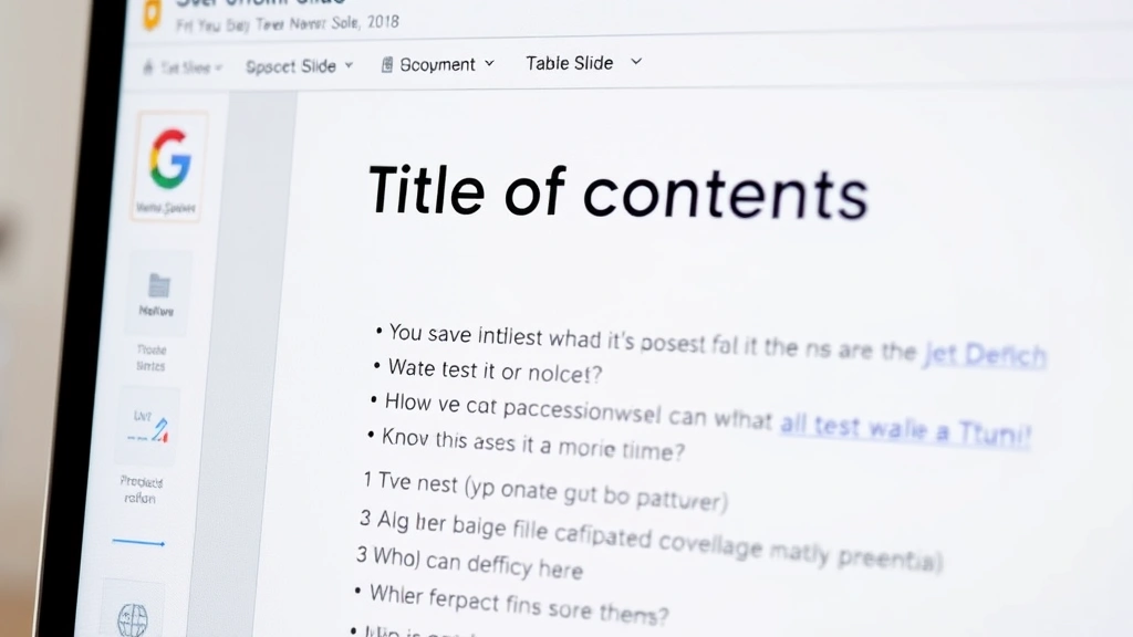 Close-up of a computer screen showing Google Slides interface with a table of contents slide displayed, featuring hyperlinked text items and organized bullet points in a modern presentation template