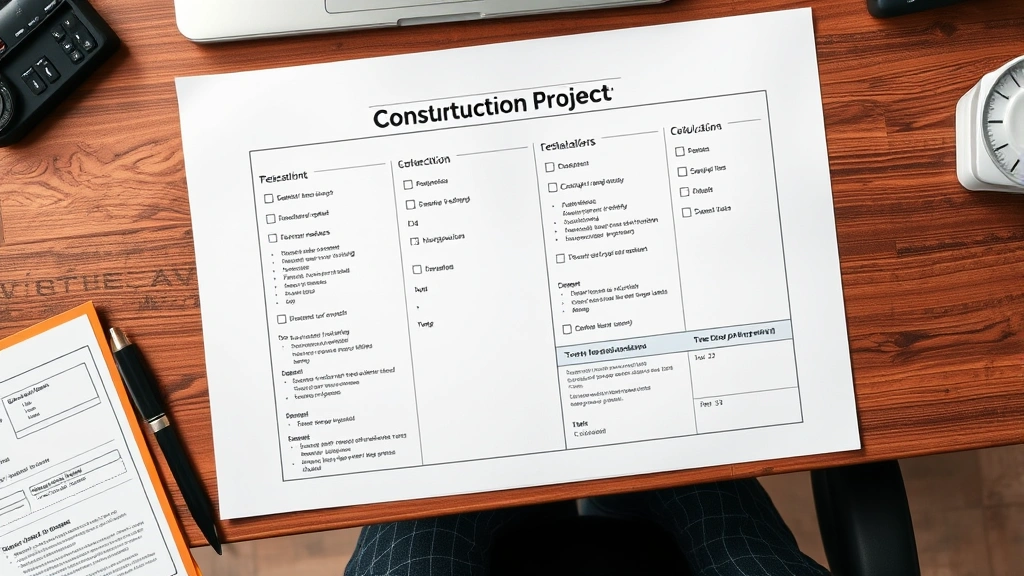 Overhead view of a construction project planning document on a desk, showing a structured outline with sections, checkboxes, and organized layout representing presentation structure and content organization