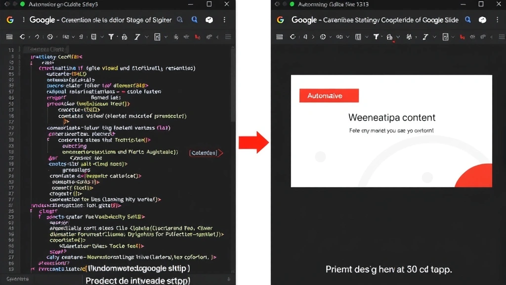 Split-screen comparison showing Google Slides editor on left with script code visible and presentation preview on right, demonstrating automation workflow for generating dynamic content